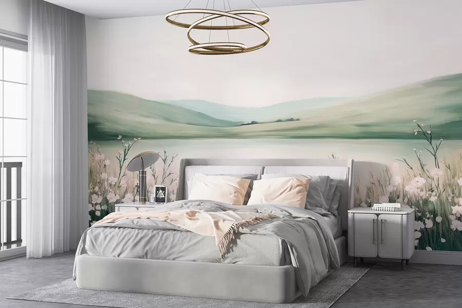 Carta da parati nature Prato fiorito, paesaggio naturale, lago, fiori rosa, colline verdi 