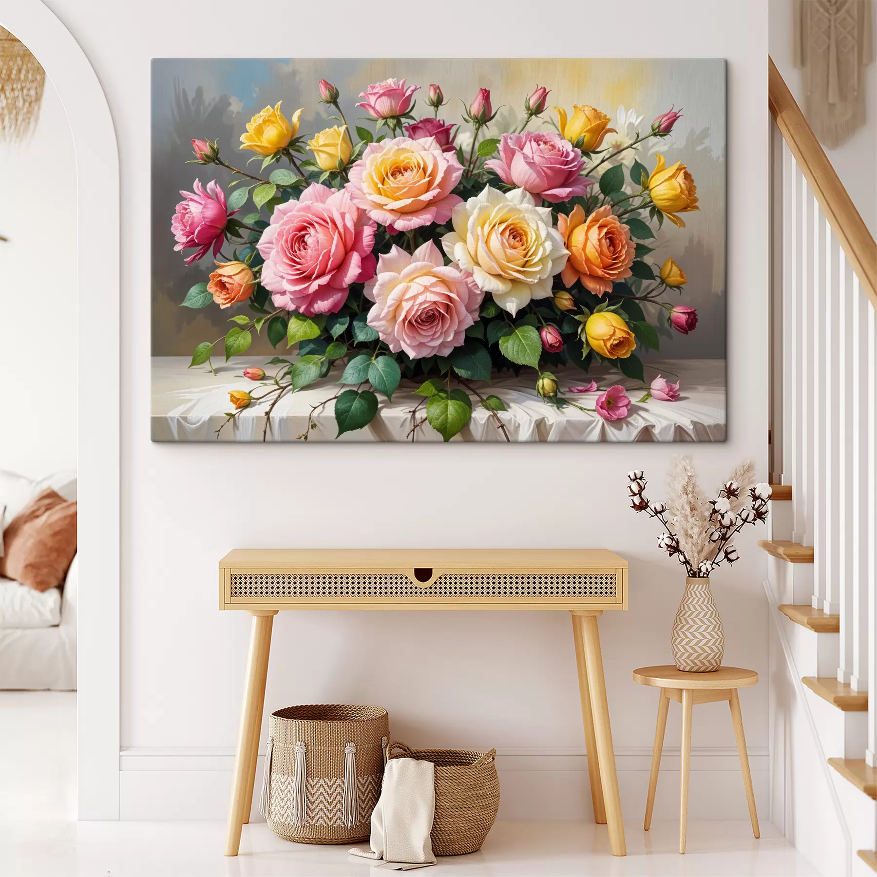 carta da parati Un bouquet di rose colorate in varie tonalità di rosa, giallo e arancione, disposte con foglie verdi nr. s40149