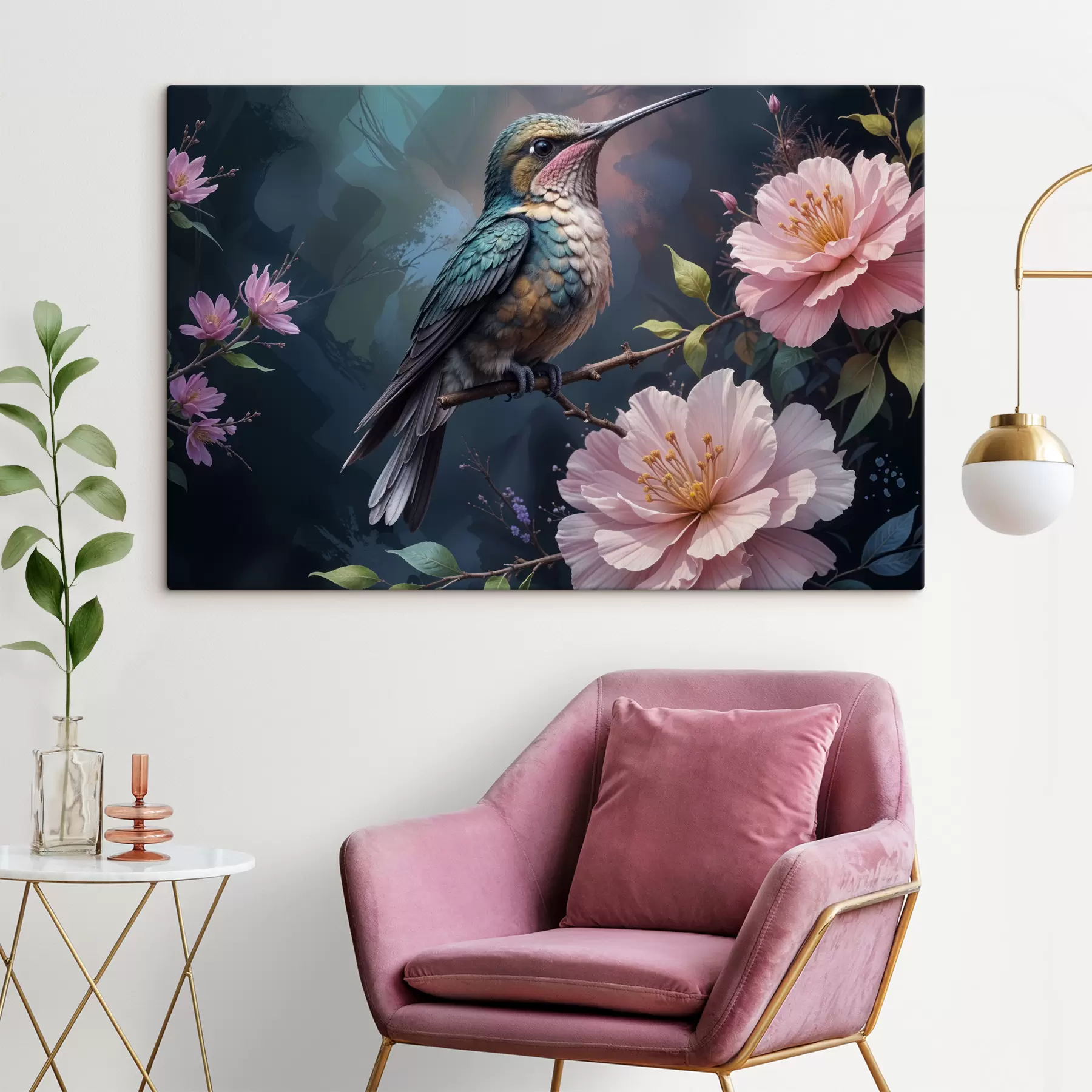 carta da parati Un colibrì colorato appollaiato su un ramo con vivaci fiori rosa sullo sfondo nr. s40155