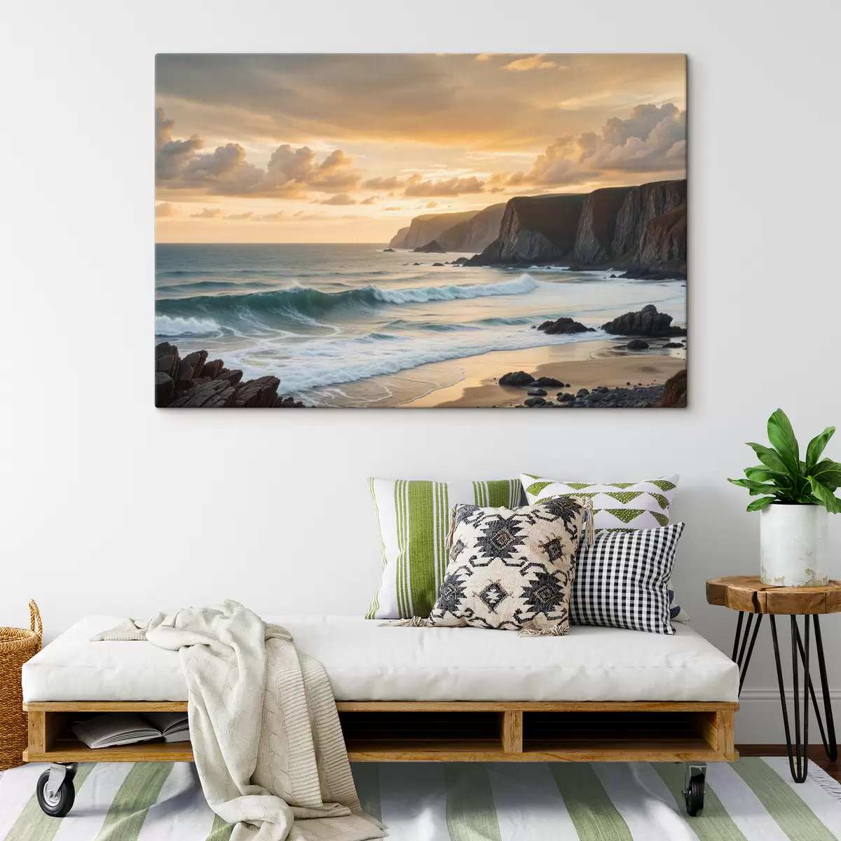 carta da parati Un paesaggio costiero panoramico con scogliere spettacolari, onde che si infrangono e un cielo colorato al tramonto nr. s40176