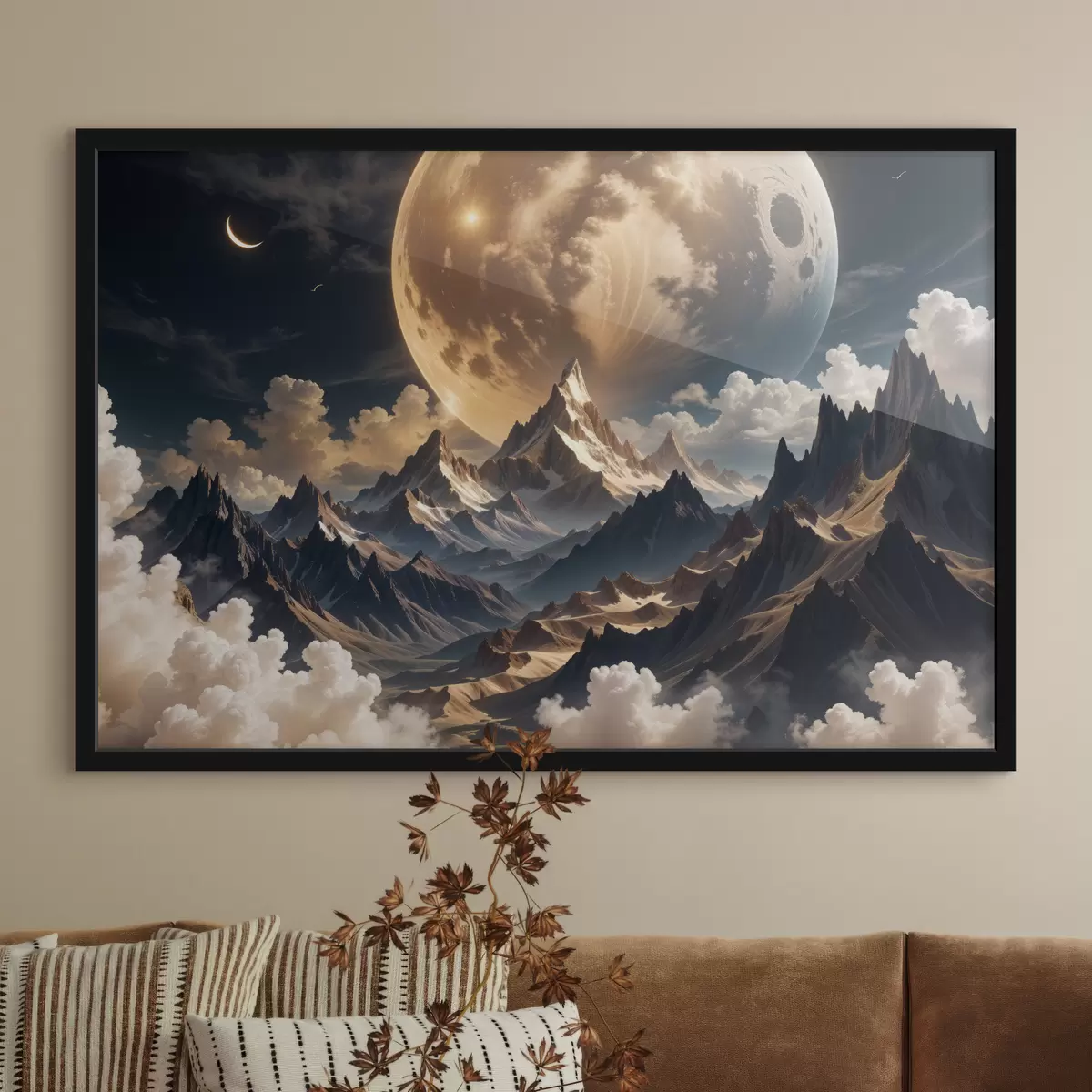 Poster Un paesaggio surreale con montagne innevate sotto una luna piena enorme, con nuvole vaporose f40147