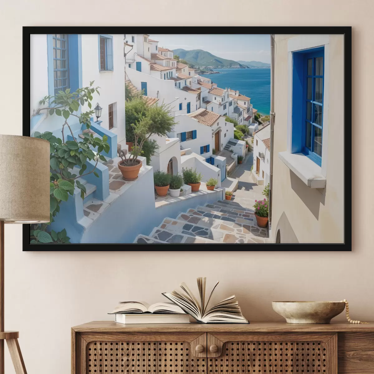 Poster Una pittoresca cittadina costiera con edifici bianchi, finestre blu e piante in vaso che costeggiano le strette vie f40148