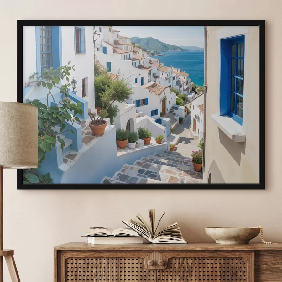 carta da parati Una pittoresca cittadina costiera con edifici bianchi, finestre blu e piante in vaso che costeggiano le strette vie nr. f40148