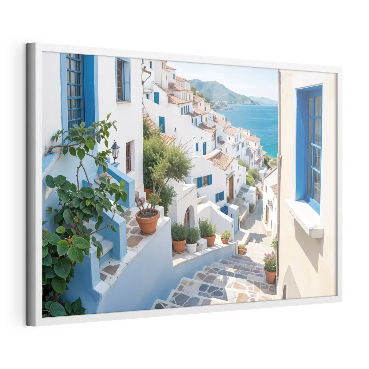 Poster Una pittoresca cittadina costiera con edifici bianchi, finestre blu e piante in vaso che costeggiano le strette vie f40148