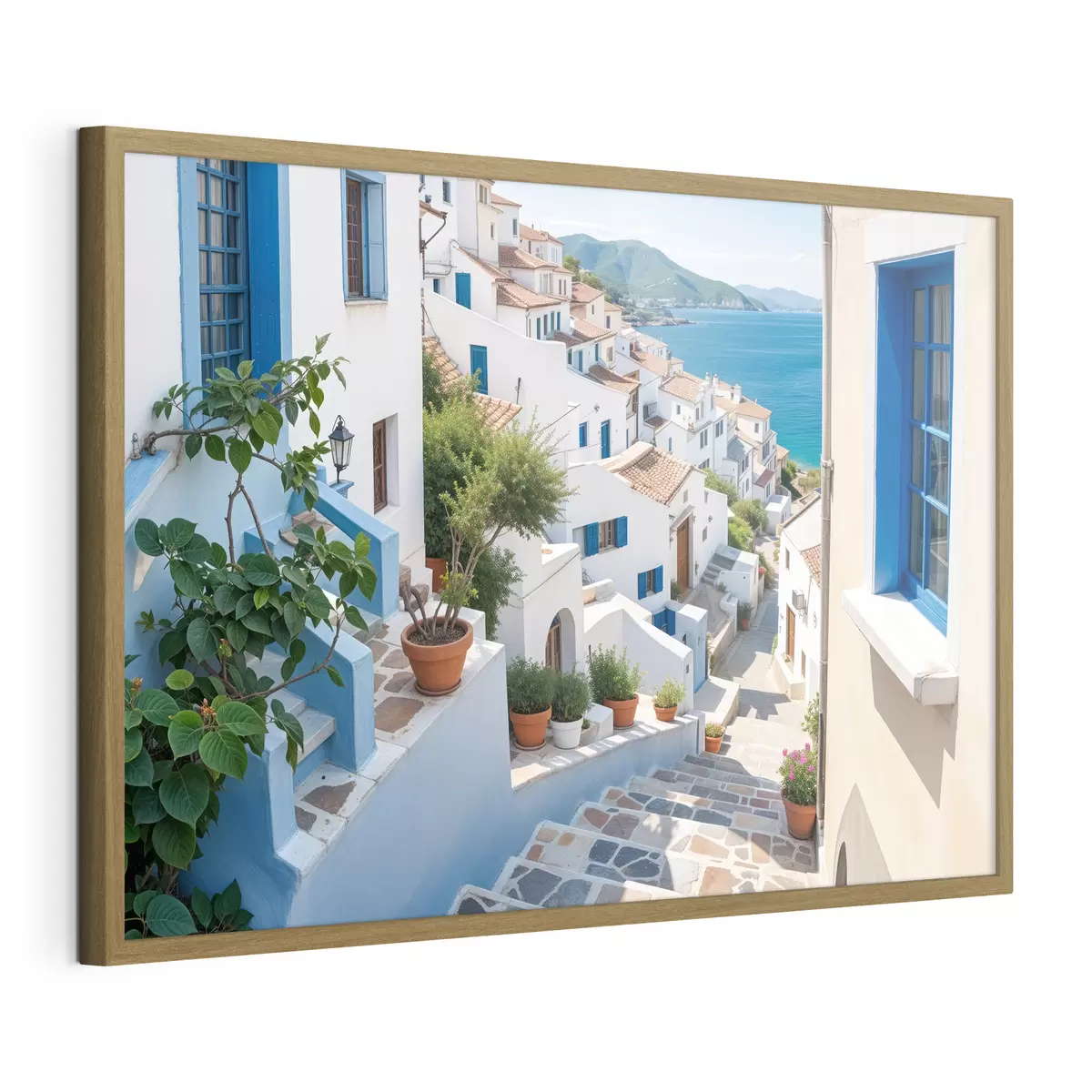Poster Una pittoresca cittadina costiera con edifici bianchi, finestre blu e piante in vaso che costeggiano le strette vie f40148