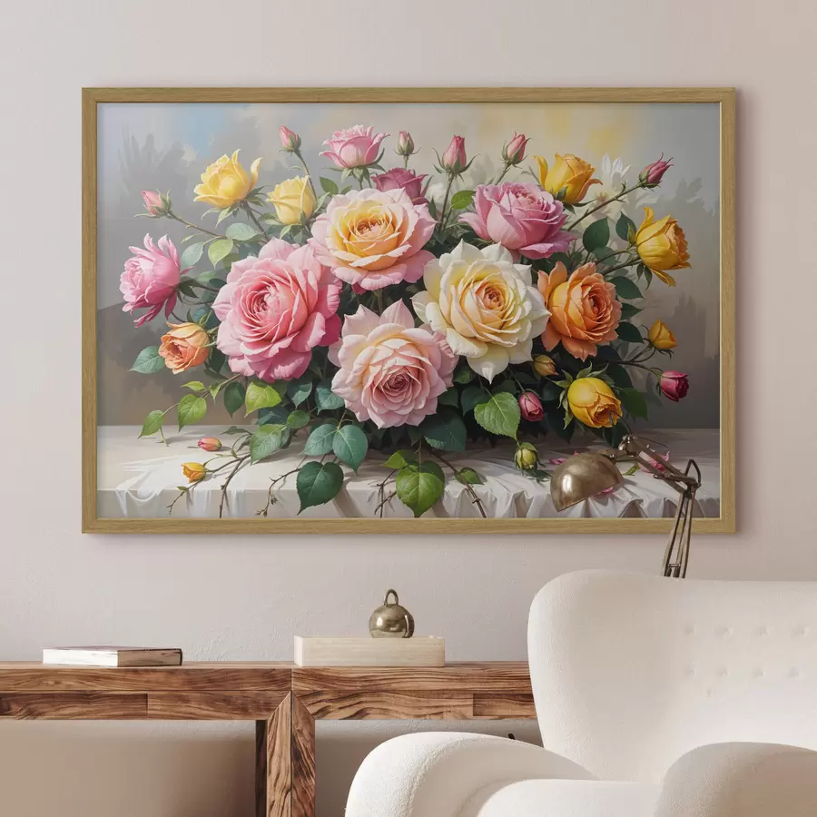 carta da parati Un bouquet di rose colorate in varie tonalità di rosa, giallo e arancione, disposte con foglie verdi nr. f40149
