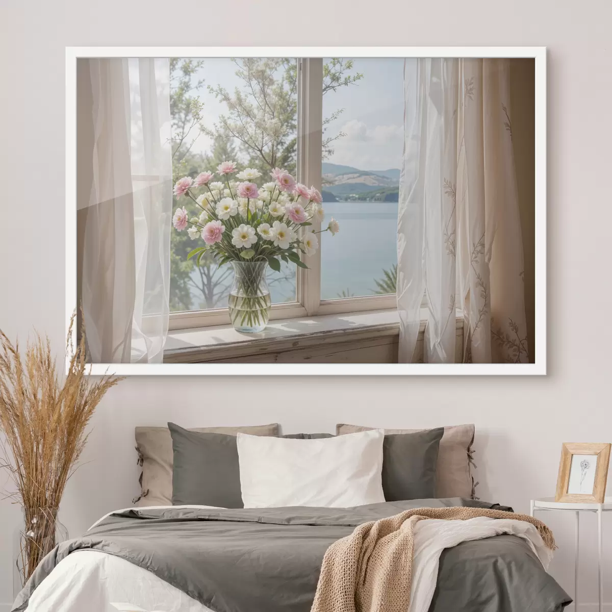 Poster Un bouquet di fiori rosa e bianchi in un vaso di vetro posto sul davanzale di una finestra, con un lago panoramico e montagne f40151