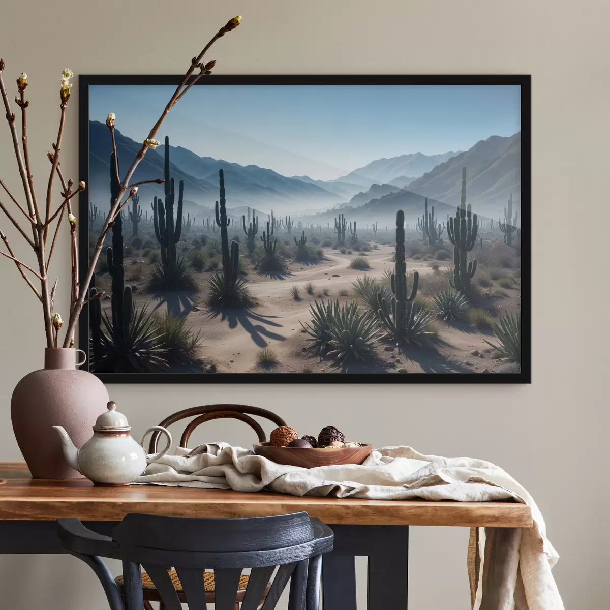 Poster Un paesaggio desertico con alti cactus e piante di yucca in primo piano, circondato da montagne nebbiose f40153