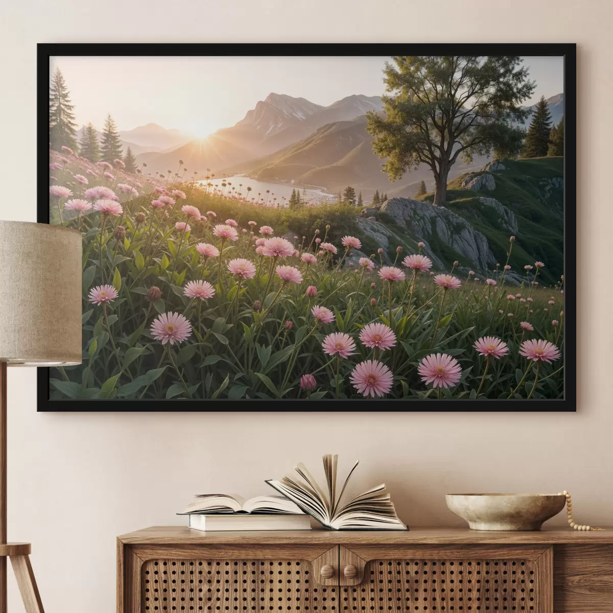 Poster Un campo di fiori rosa simili a margherite in primo piano, con una grande catena montuosa sullo sfondo f40154