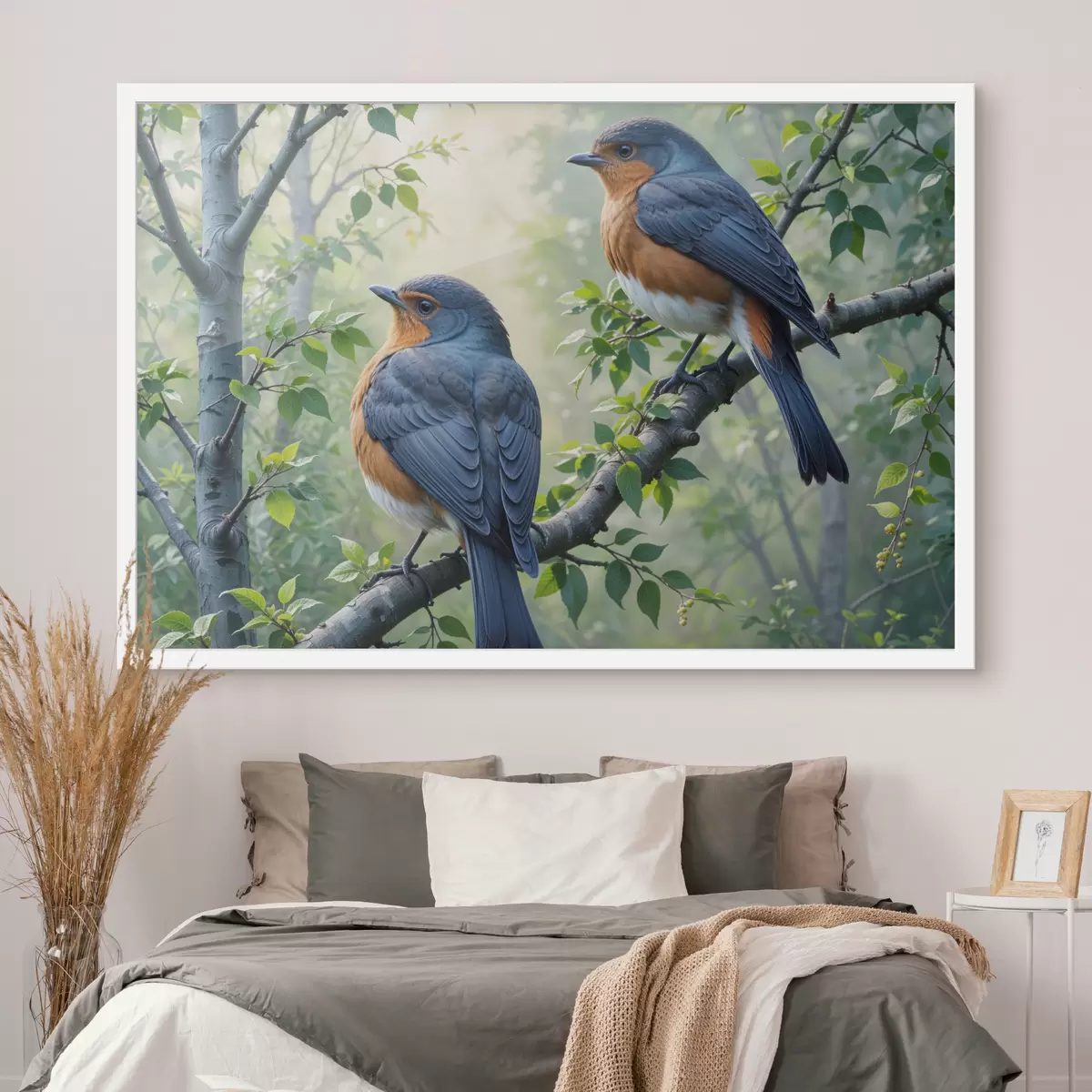 Poster Due uccelli blu e arancioni appollaiati su un ramo di un albero con foglie verdi sullo sfondo f40156