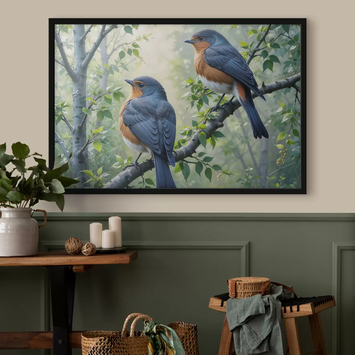 Poster Due uccelli blu e arancioni appollaiati su un ramo di un albero con foglie verdi sullo sfondo f40156