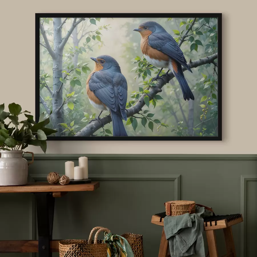 carta da parati Due uccelli blu e arancioni appollaiati su un ramo di un albero con foglie verdi sullo sfondo nr. f40156