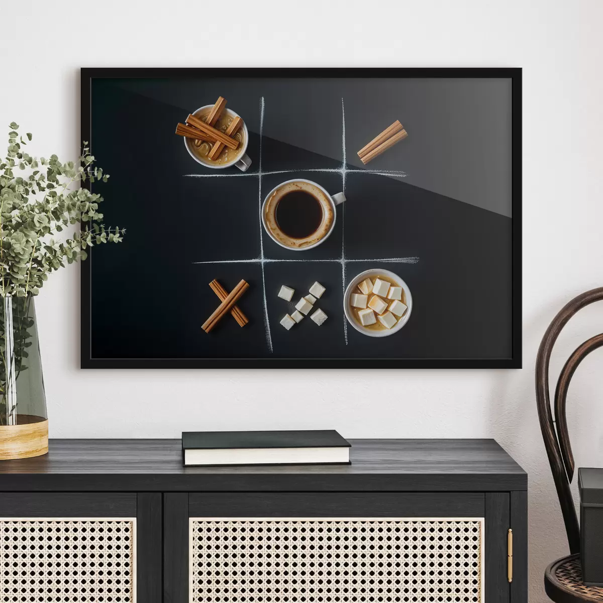 Poster Una tazza di caffè con bastoncini di cannella, cubetti di zucchero e marshmallow disposti in una griglia del gioco del tris f40163