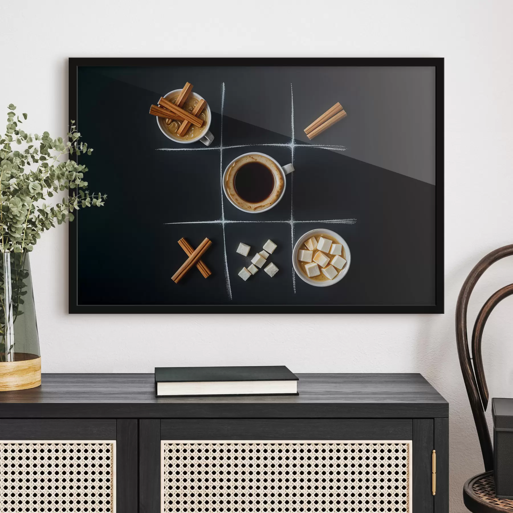 carta da parati Una tazza di caffè con bastoncini di cannella, cubetti di zucchero e marshmallow disposti in una griglia del gioco del tris nr. f40163