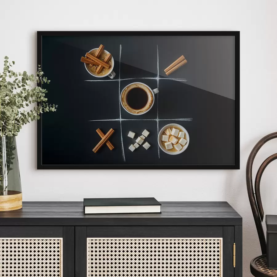 carta da parati Una tazza di caffè con bastoncini di cannella, cubetti di zucchero e marshmallow disposti in una griglia del gioco del tris nr. f40163