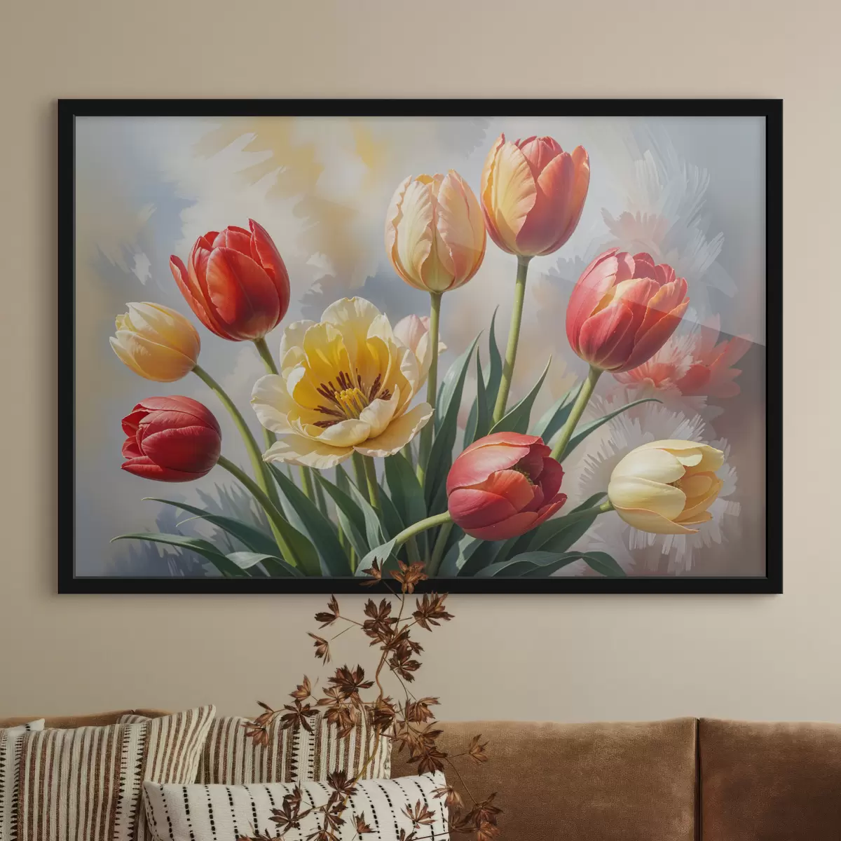 Poster Tulipani colorati in varie tonalità di rosso, arancione e giallo su uno sfondo chiaro f40167