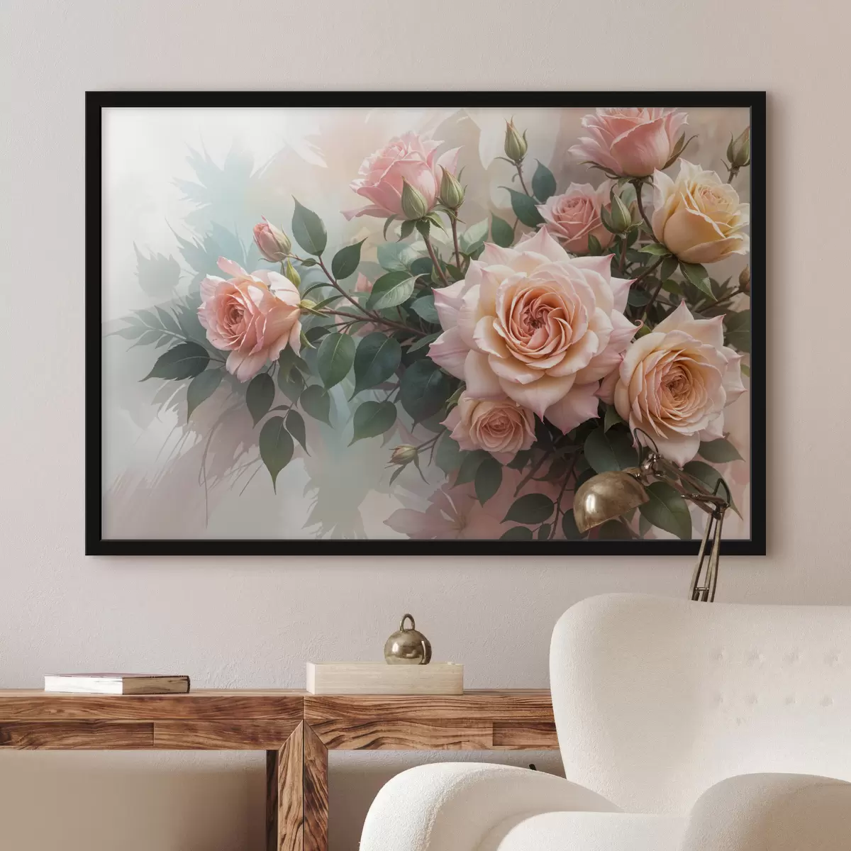 Poster Un bouquet di bellissime rose rosa con foglie verdi su uno sfondo morbido e sfocato f40168