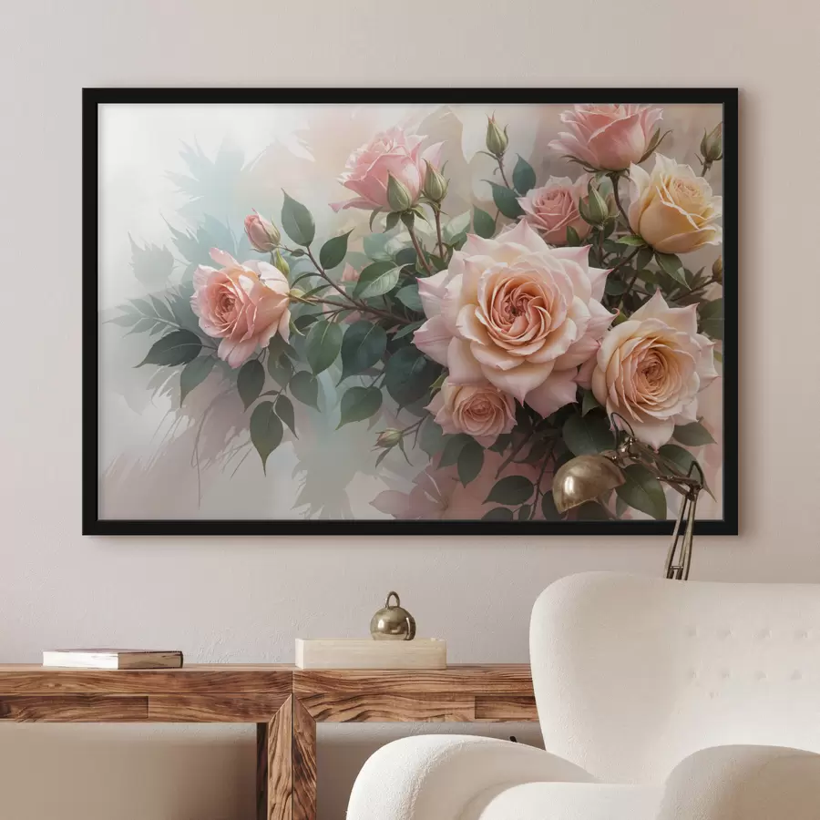 carta da parati Un bouquet di bellissime rose rosa con foglie verdi su uno sfondo morbido e sfocato nr. f40168
