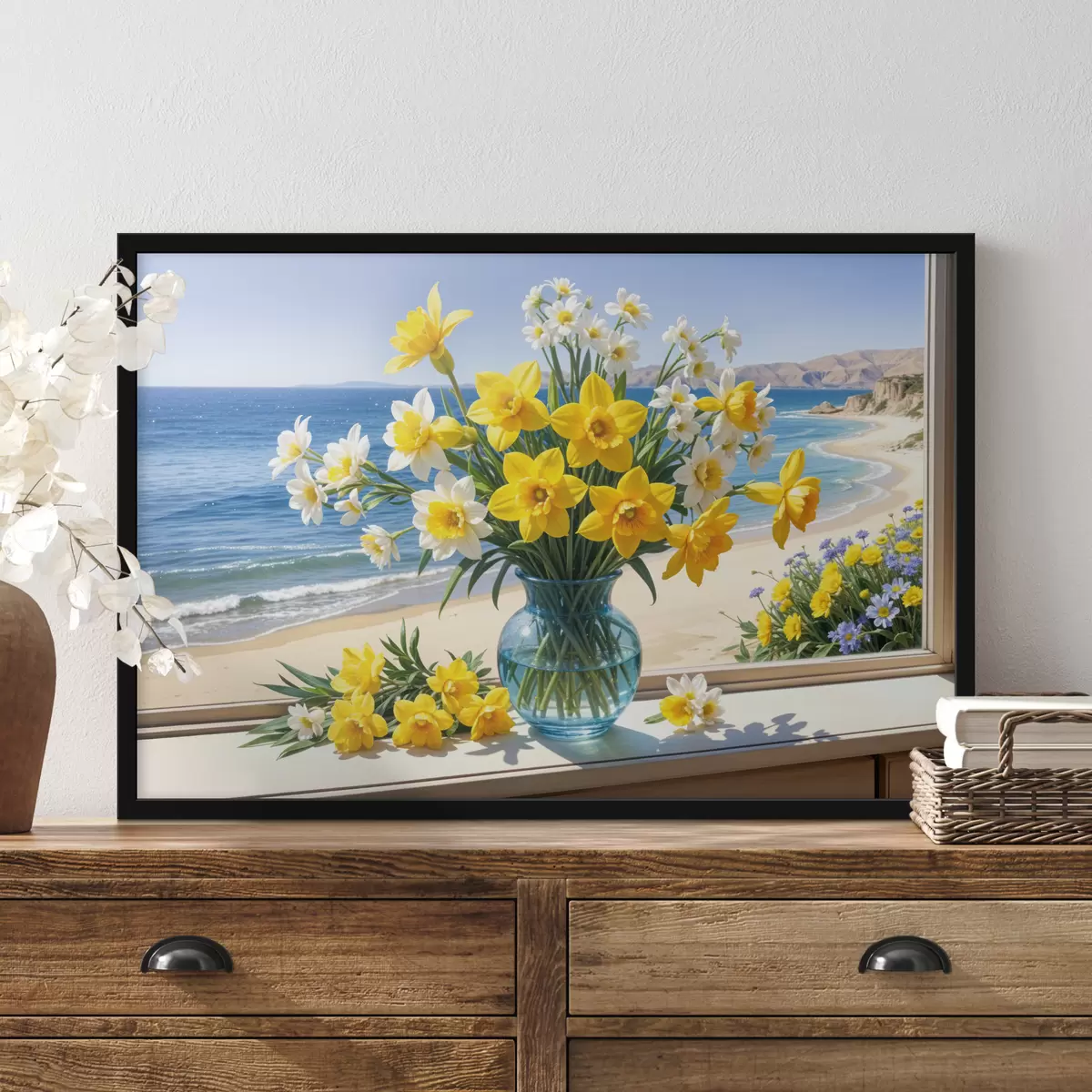 Poster Un mazzo di narcisi gialli e margherite bianche in un vaso di vetro su un davanzale con vista sulla spiaggia e sull'oceano f40171