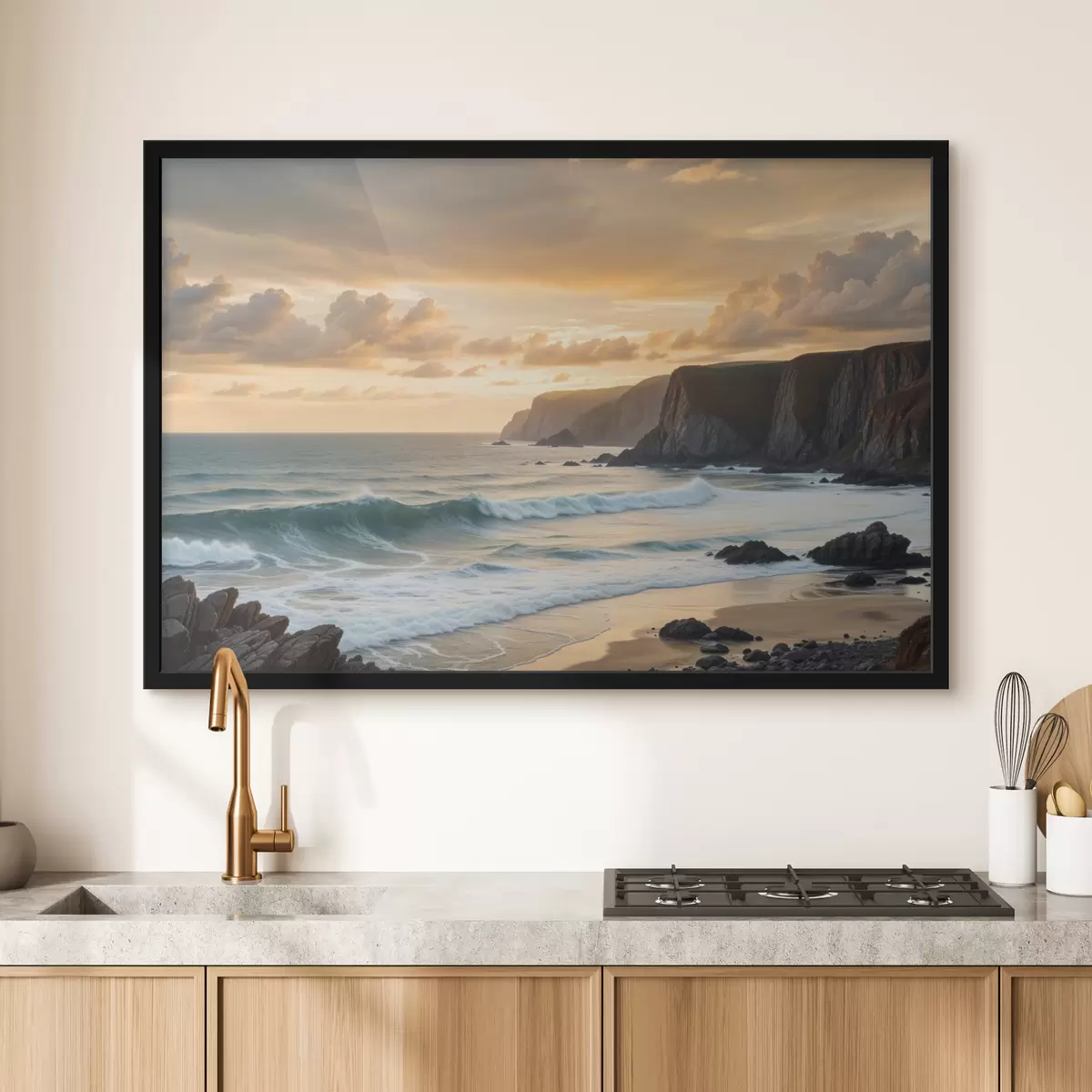 Poster Un paesaggio costiero panoramico con scogliere spettacolari, onde che si infrangono e un cielo colorato al tramonto f40176