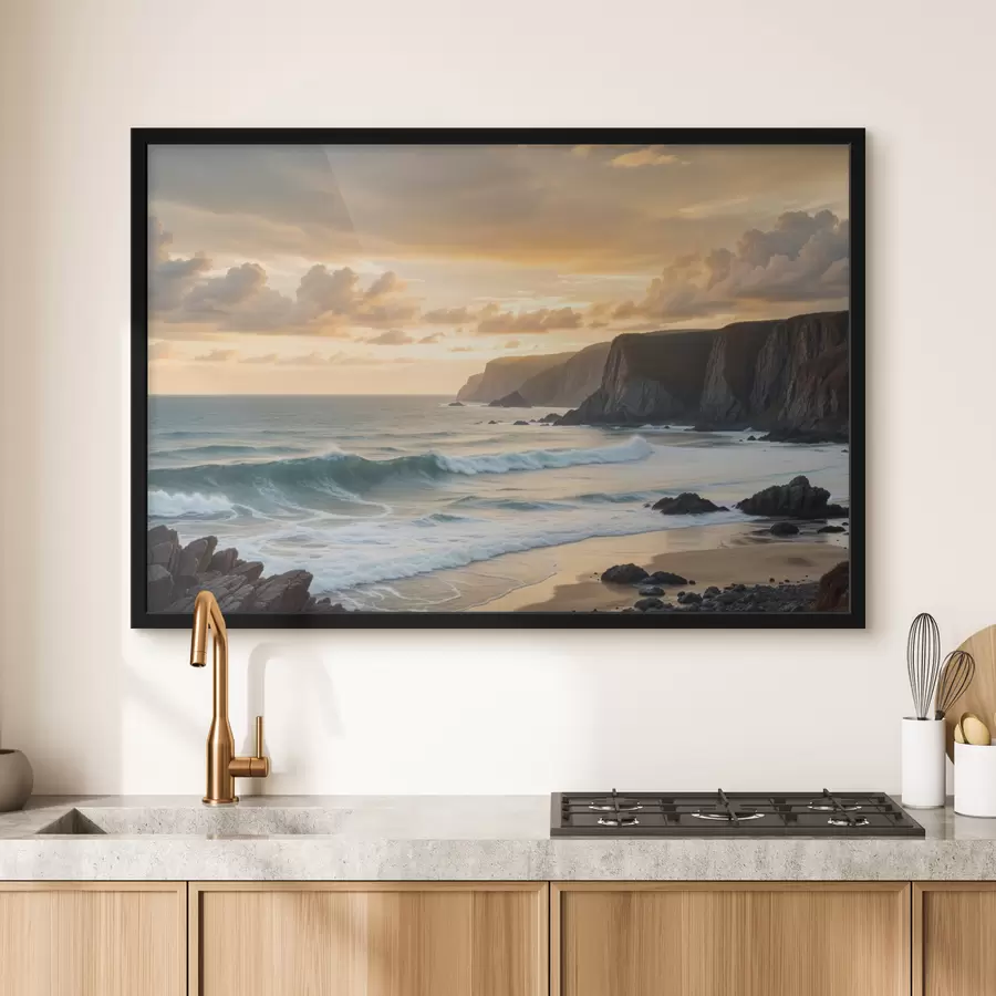 carta da parati Un paesaggio costiero panoramico con scogliere spettacolari, onde che si infrangono e un cielo colorato al tramonto nr. f40176