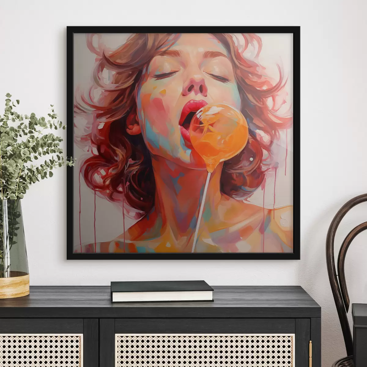 Poster Una ragazza con i capelli ricci dai colori chiari lecca un lecca-lecca f40213