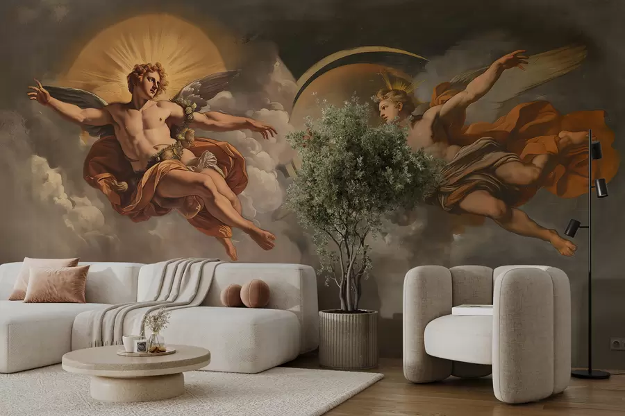 Carta da parati Cielo murale nello stile degli affreschi rinascimentali in tonalità beige e scure. Due figure maschili di divinità che si protendono l'una verso l'altra. n. w08137