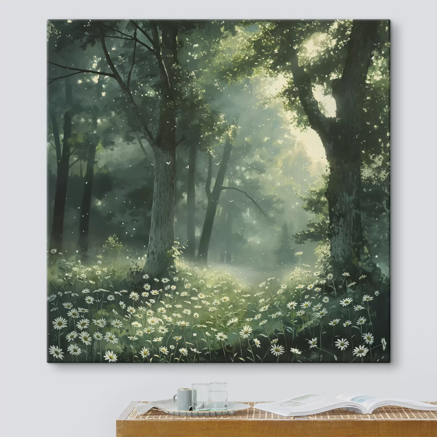 carta da parati Foresta fitta con luce solare sugli alberi, fiori di camomilla, erba verde, natura nr. s40224