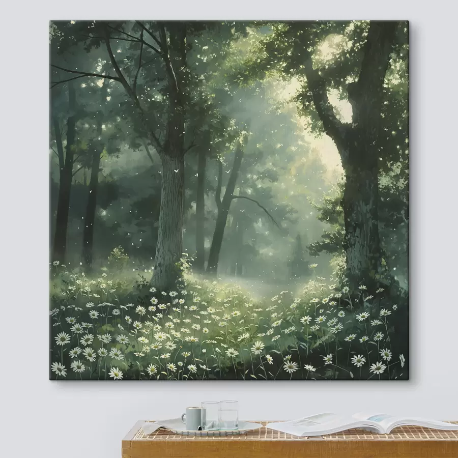 carta da parati Foresta fitta con luce solare sugli alberi, fiori di camomilla, erba verde, natura nr. s40224
