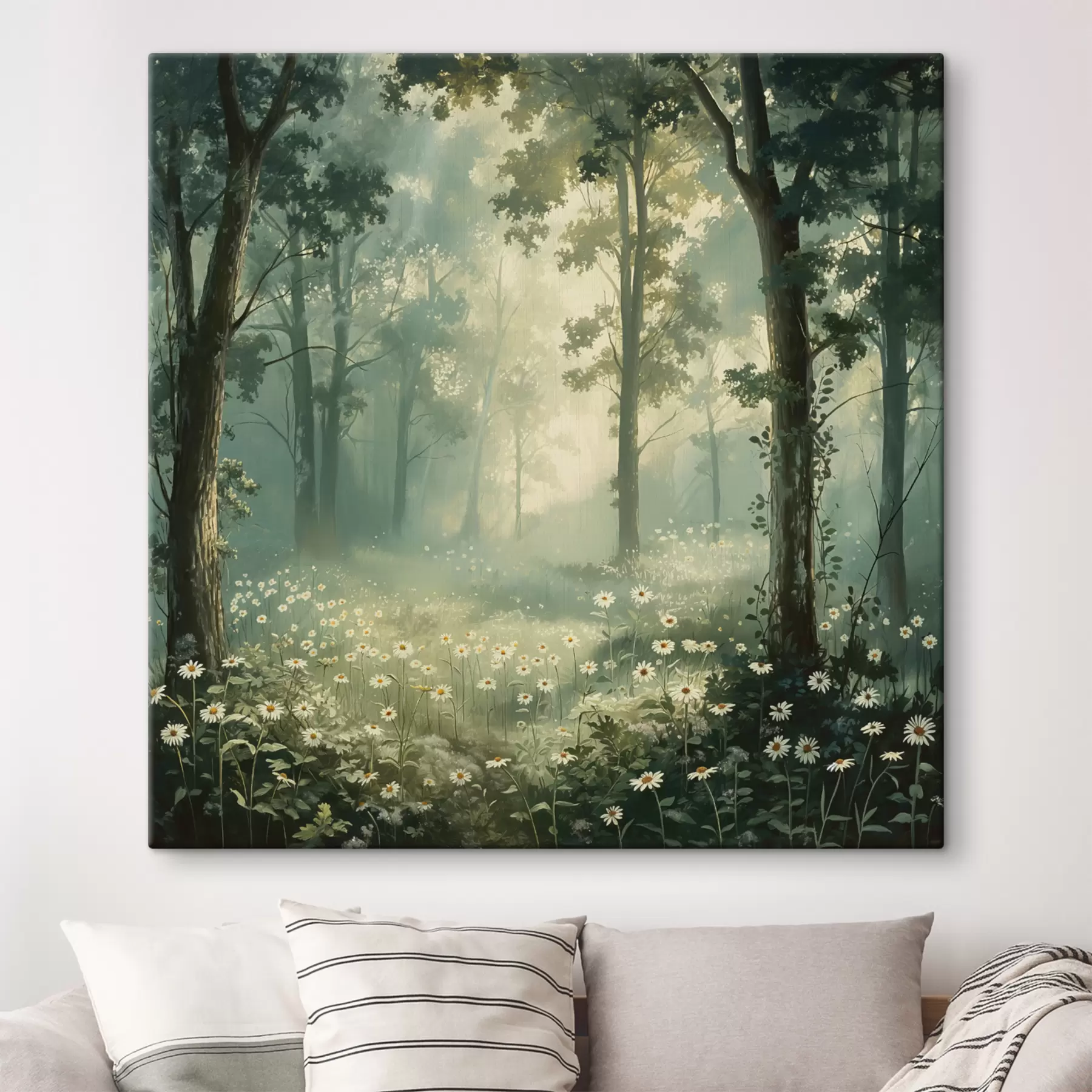 carta da parati Foresta con luce solare soffusa, fiori di camomilla, alberi, erba verde, disegno acrilico nr. s40228