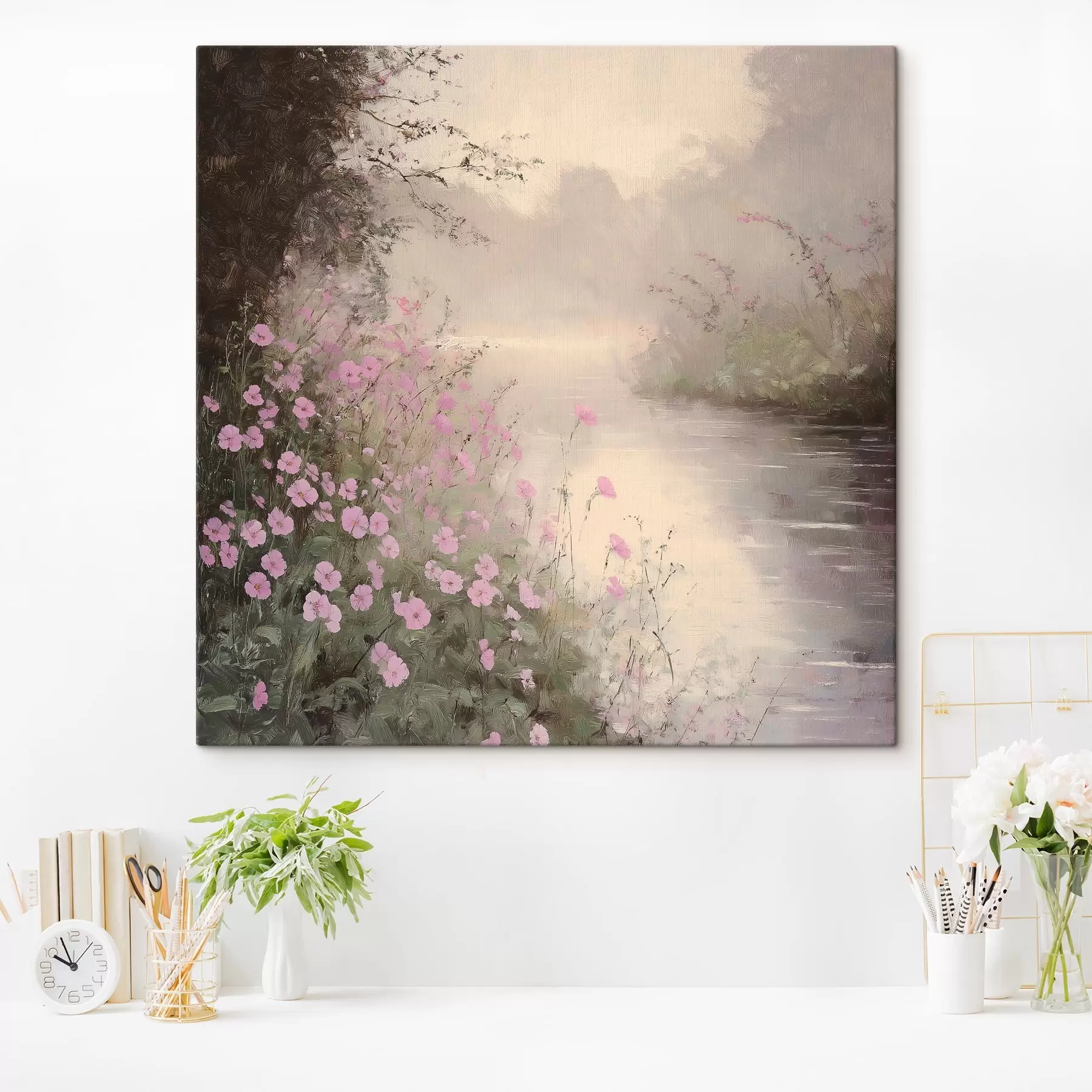 carta da parati Lago con fiori rosa, alba, disegno a olio, colori beige pastello, nebbia nr. s40229