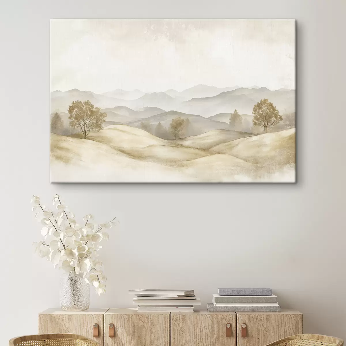 carta da parati Paesaggio naturale in tavolozza di colori beige, prato, alberi, disegno ad acquerello nr. s40231