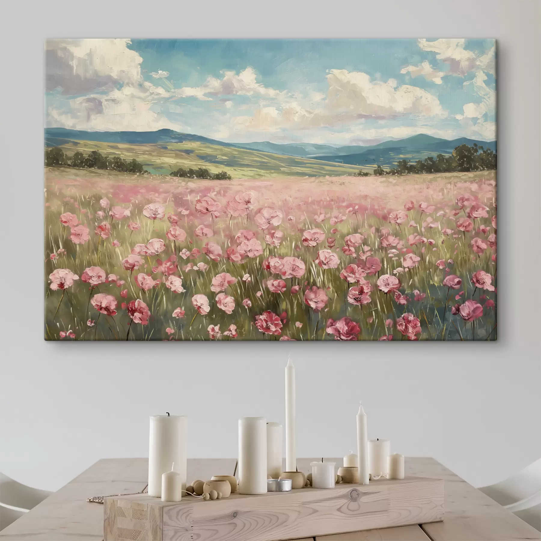 carta da parati Prato con fiori rosa, montagne, paesaggio naturale, cielo azzurro con nuvole, acrilico  nr. s40232