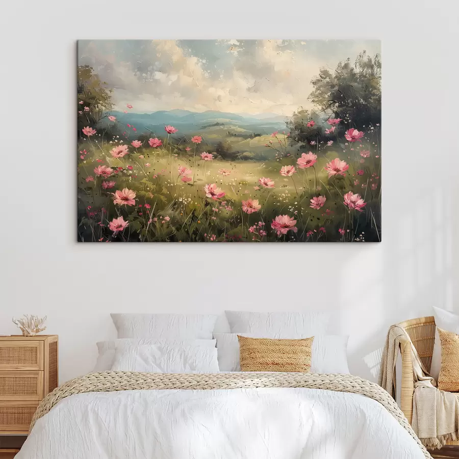 carta da parati Prato con fiori rosa, erba verde, paesaggio naturale, cielo con nuvole, disegno acrilico nr. s40234
