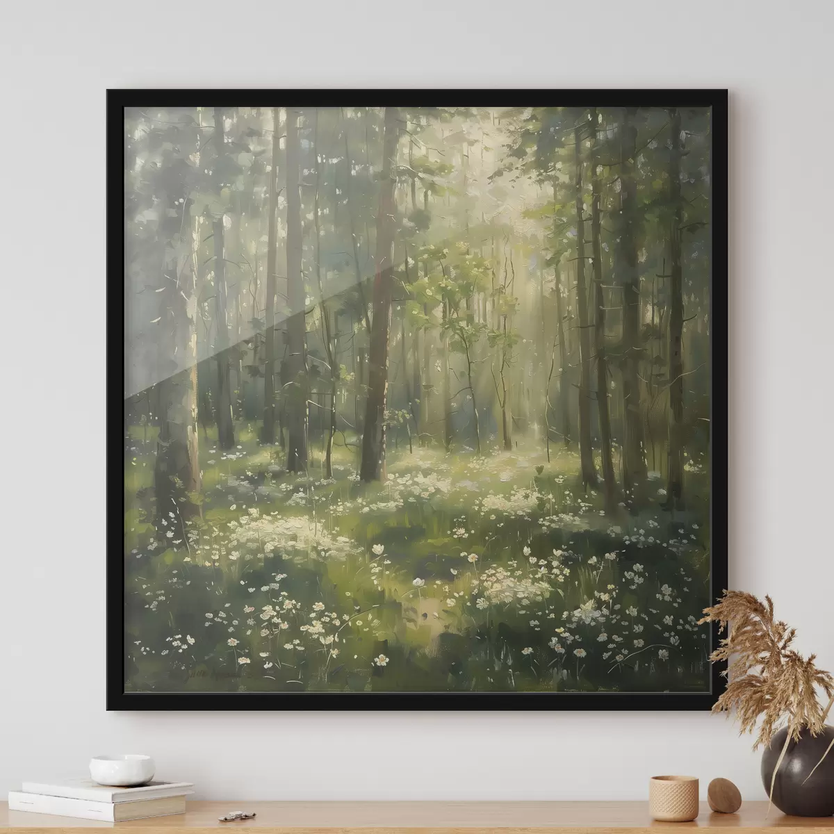 Poster Foresta con luce solare sugli alberi, fiori di camomilla, erba verde, disegno acrilico f40226