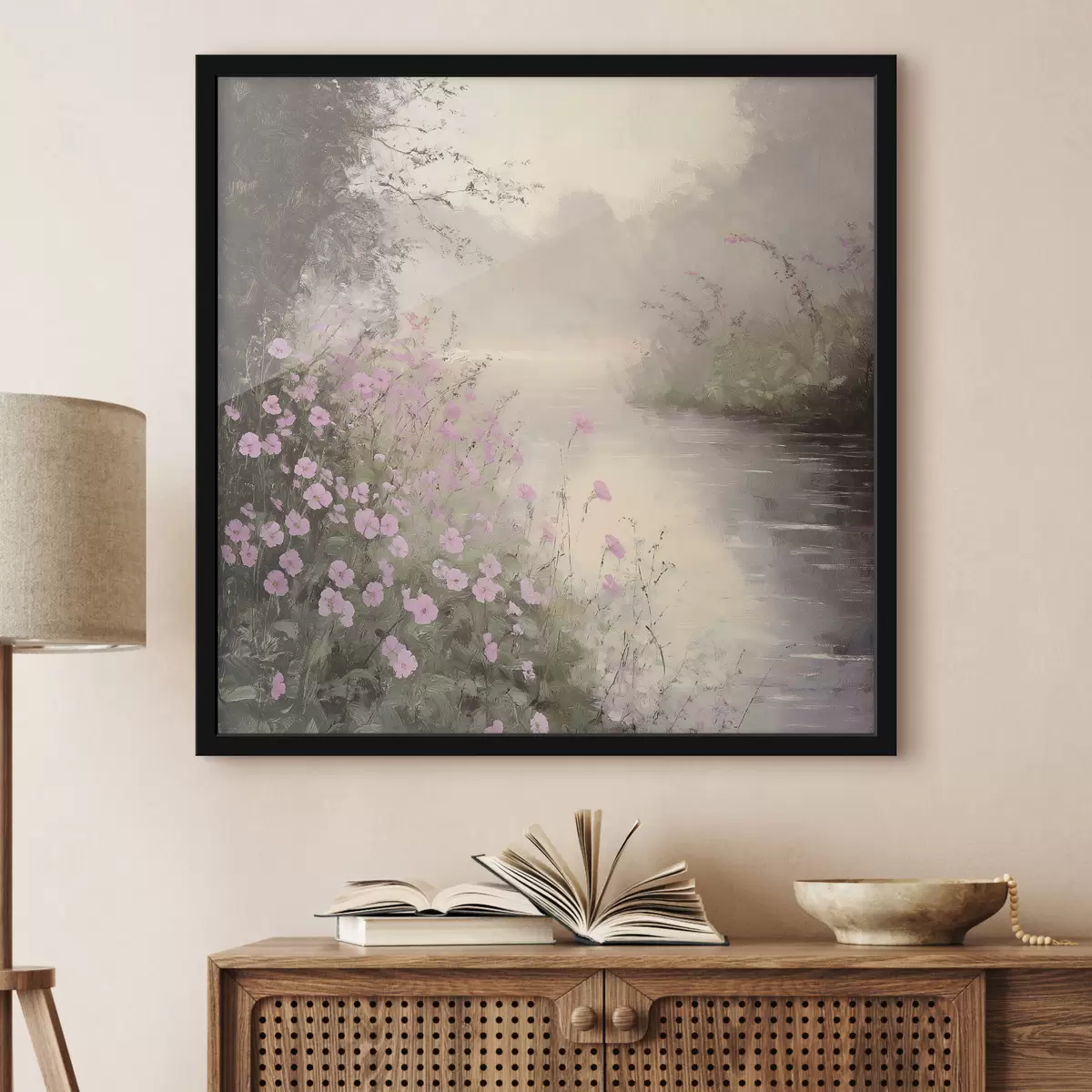 Poster Lago con fiori rosa, alba, disegno a olio, colori beige pastello, nebbia f40229