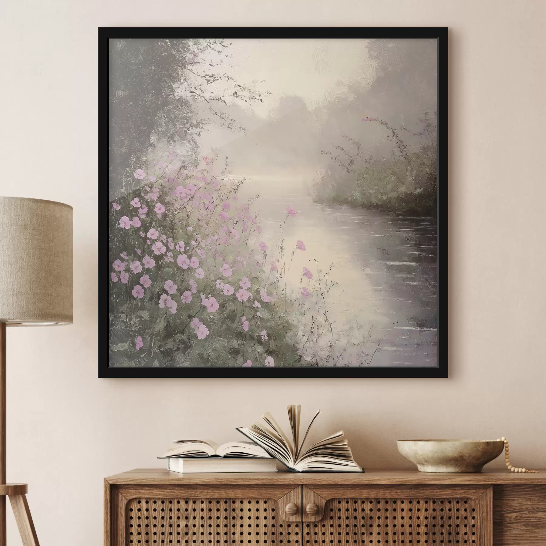 carta da parati Lago con fiori rosa, alba, disegno a olio, colori beige pastello, nebbia nr. f40229