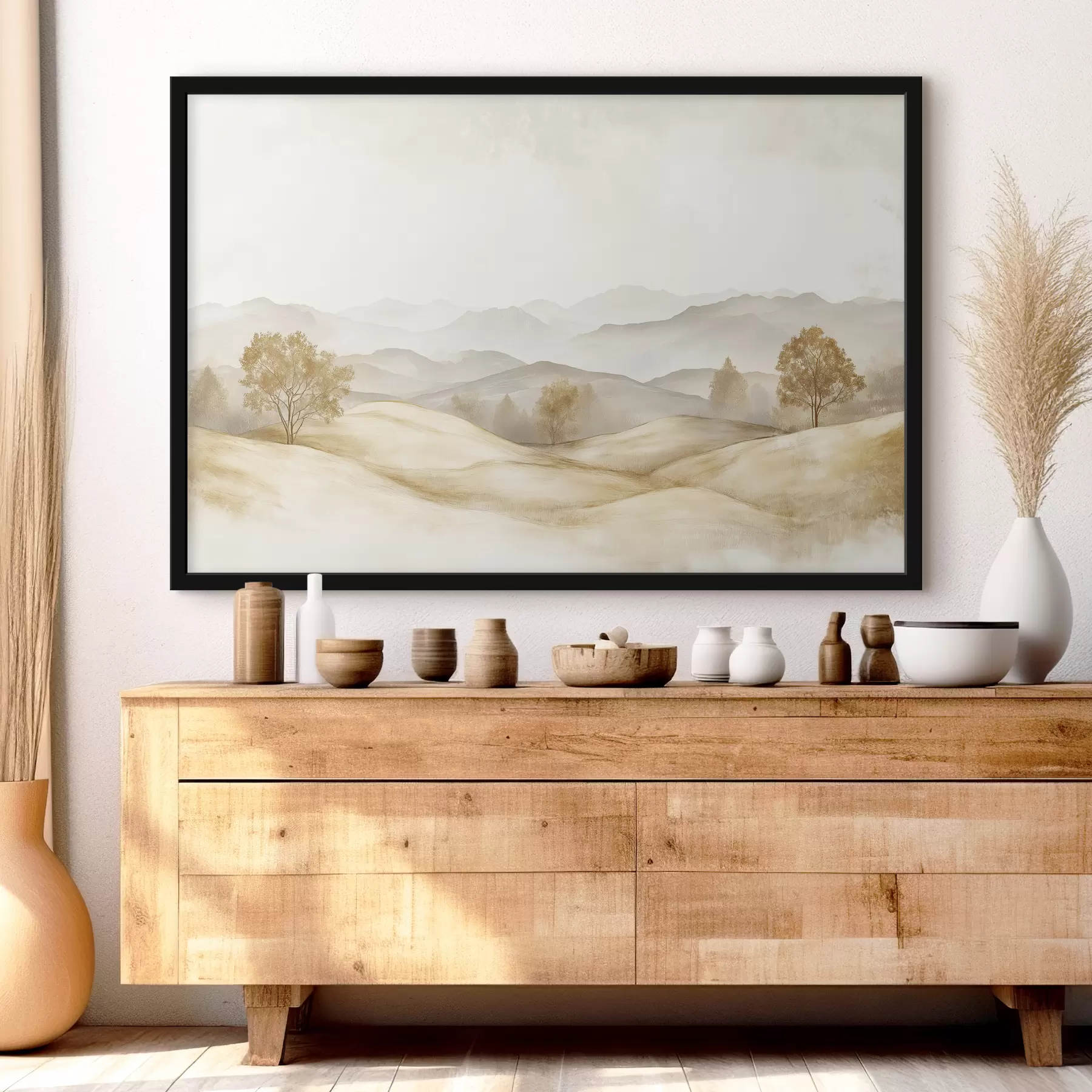 carta da parati Paesaggio naturale in tavolozza di colori beige, prato, alberi, disegno ad acquerello nr. f40231