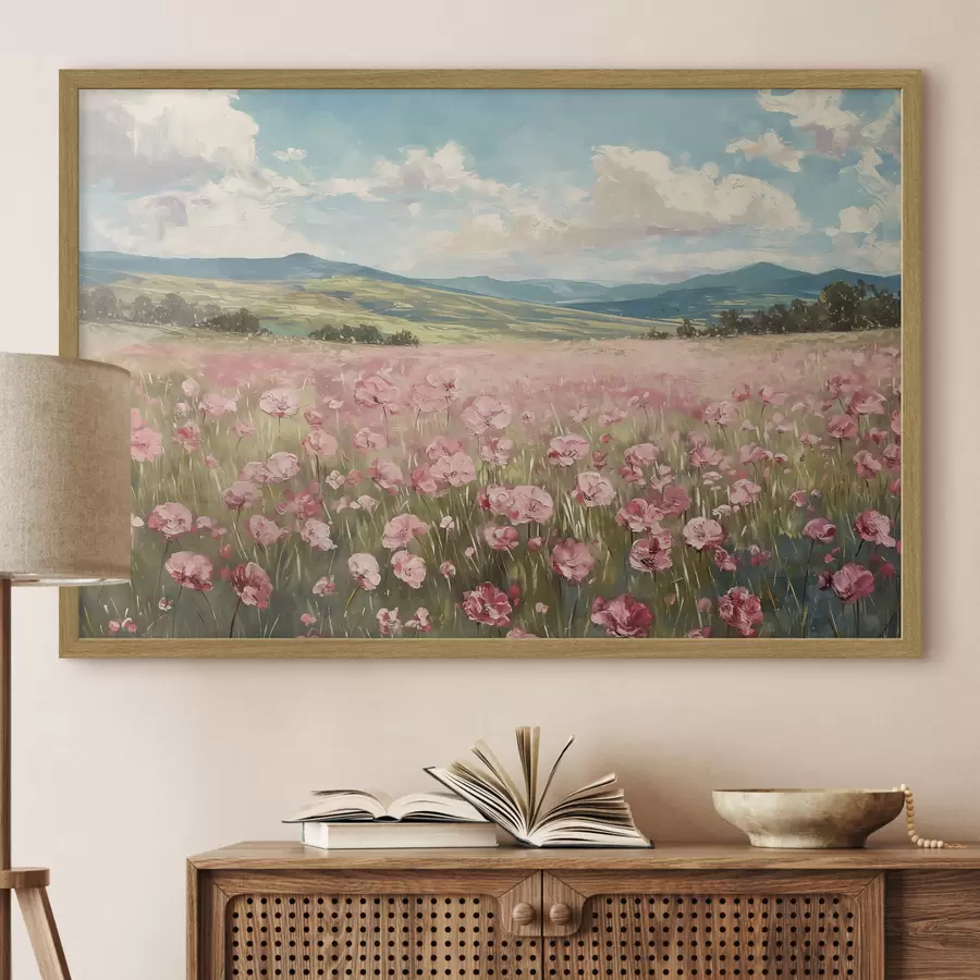 carta da parati Prato con fiori rosa, montagne, paesaggio naturale, cielo azzurro con nuvole, acrilico nr. f40232