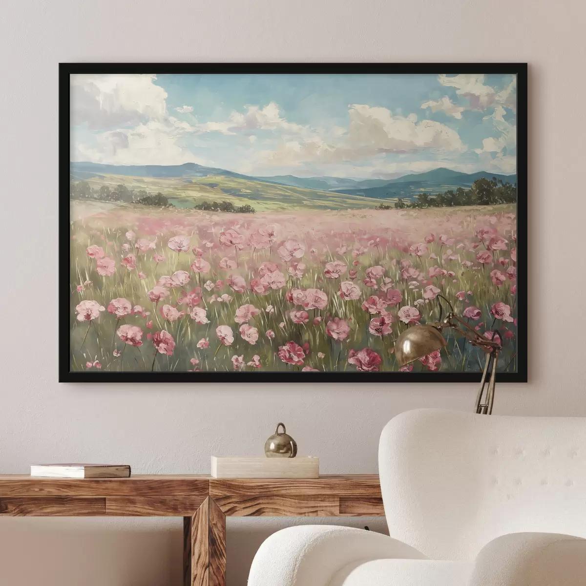 Poster Prato con fiori rosa, montagne, paesaggio naturale, cielo azzurro con nuvole, acrilico f40232