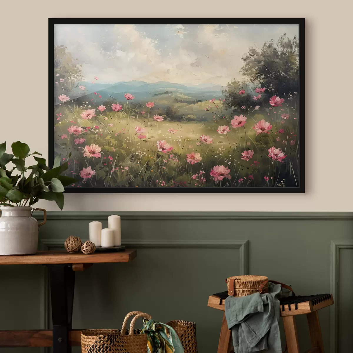 Poster Prato con fiori rosa, erba verde, paesaggio naturale, cielo con nuvole, disegno acrilico f40234