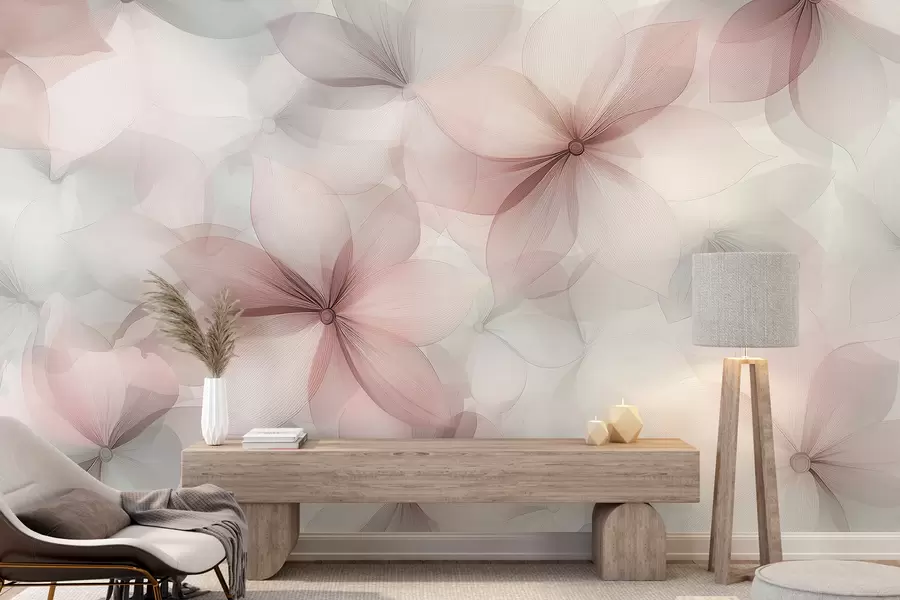 Carta da parati 3D Fiori Composizione floreale, colori tenui rosa e grigio, motivo floreale n. w01446v1