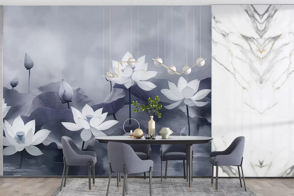 carta da parati Fiori di loto nel lago, natura, nebbia, disegno acrilico, grandi foglie, giungla, colori grigi tenui nr. w01450v1