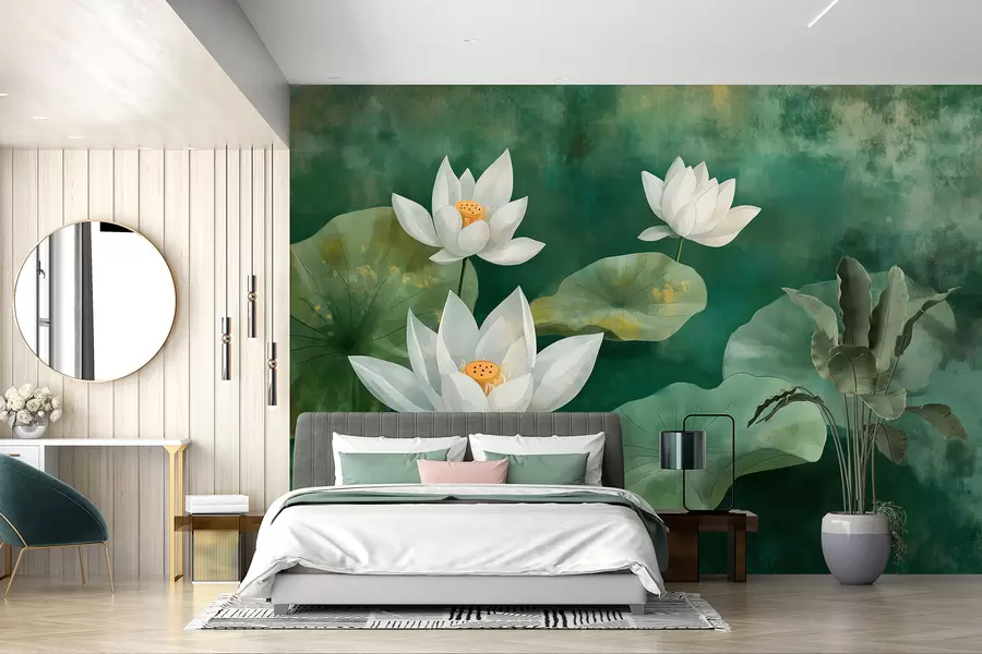 Carta da parati Floreale Fiori di loto nel lago, nebbia, disegno ad acquerello, grandi foglie, giungla, tavolozza di colori naturali  n. w01452