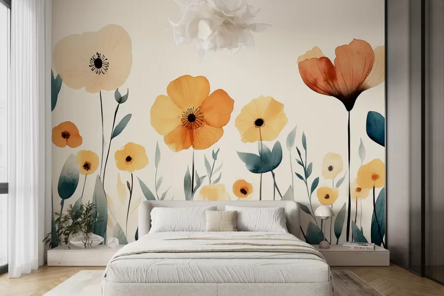 carta da parati Fiori di prato acquerellati, rustico, composizione floreale, disegno semplice, beige, arancione, blu  nr. w01453