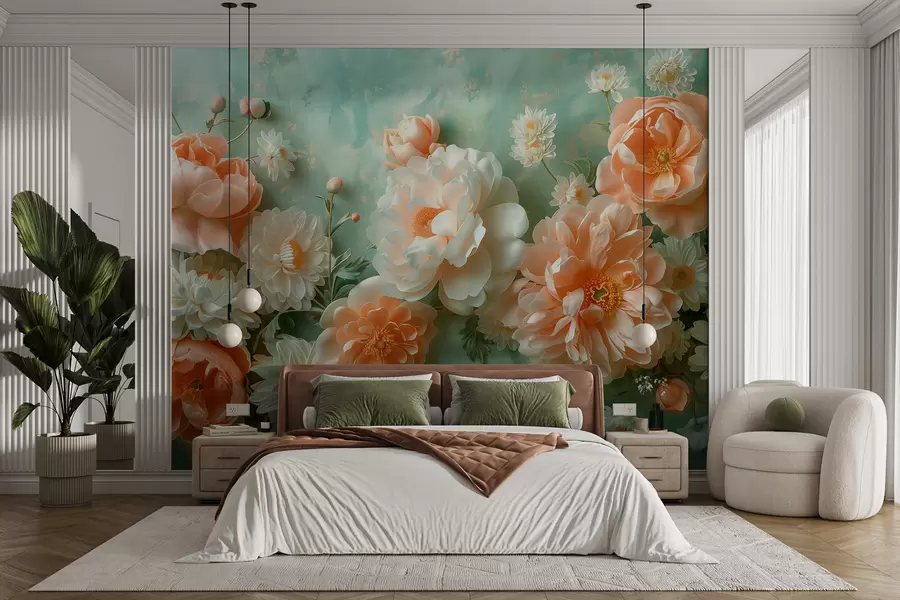 Carta da parati 3D Fiori Composizione morbida di peonie e crisantemi su sfondo verde smeraldo n. w01426