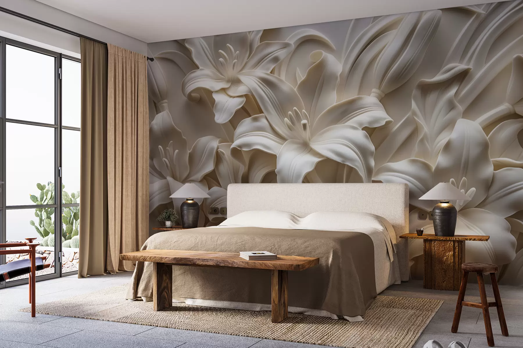 Carta da parati 3D Fiori Elegante rilievo beige 3d di gigli intagliati n. w01433