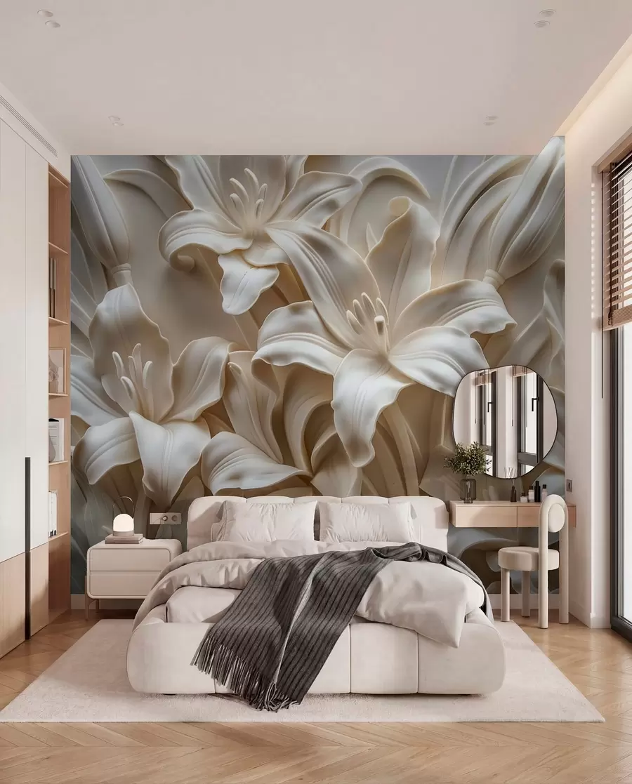 Carta da parati 3D Fiori Elegante rilievo beige 3d di gigli intagliati n. w01433