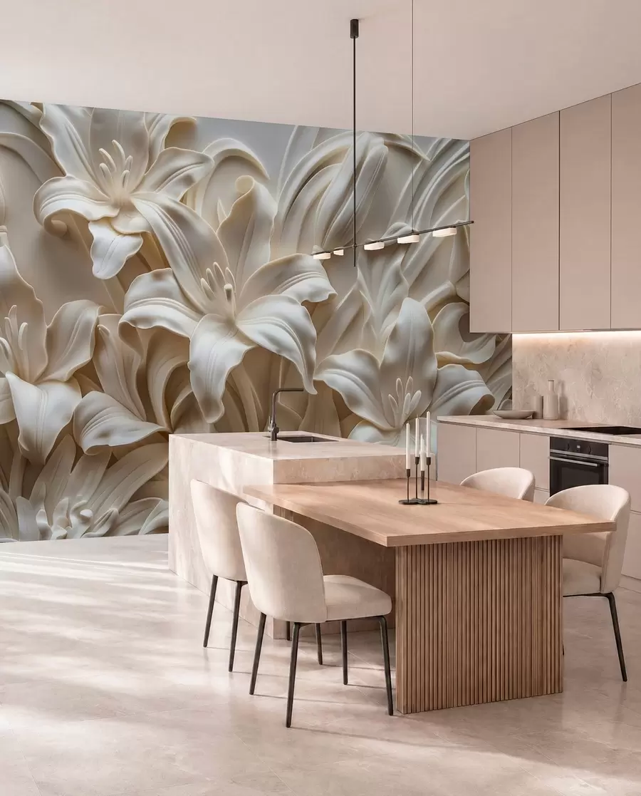 Carta da parati 3D Fiori Elegante rilievo beige 3d di gigli intagliati n. w01433