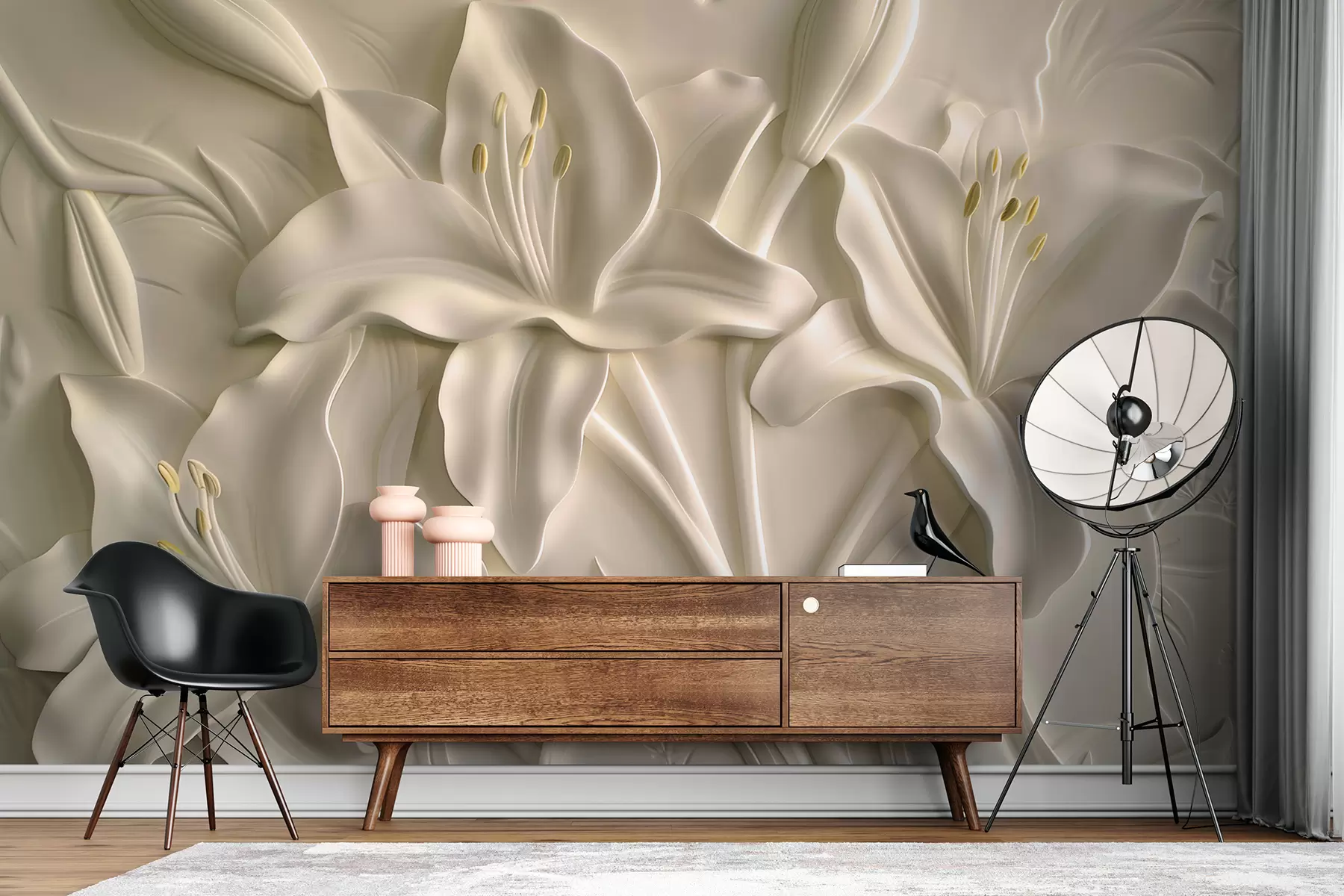 Carta da parati Floreale Bassorilievo di grandi gigli beige n. w01434